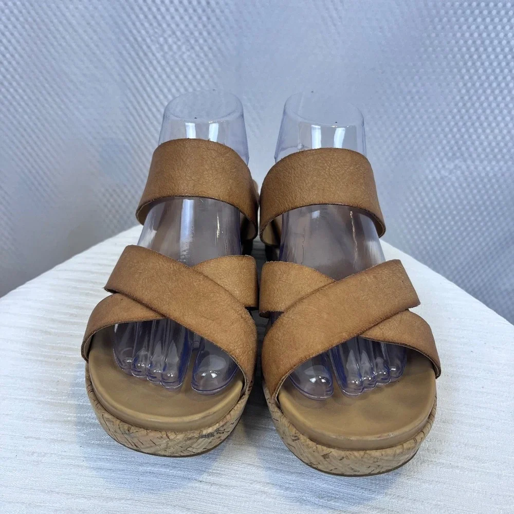Kork Ease Camellia Size 10M Leather Cork Wedge‎ Sandals Strappy Tan Brown (S583)